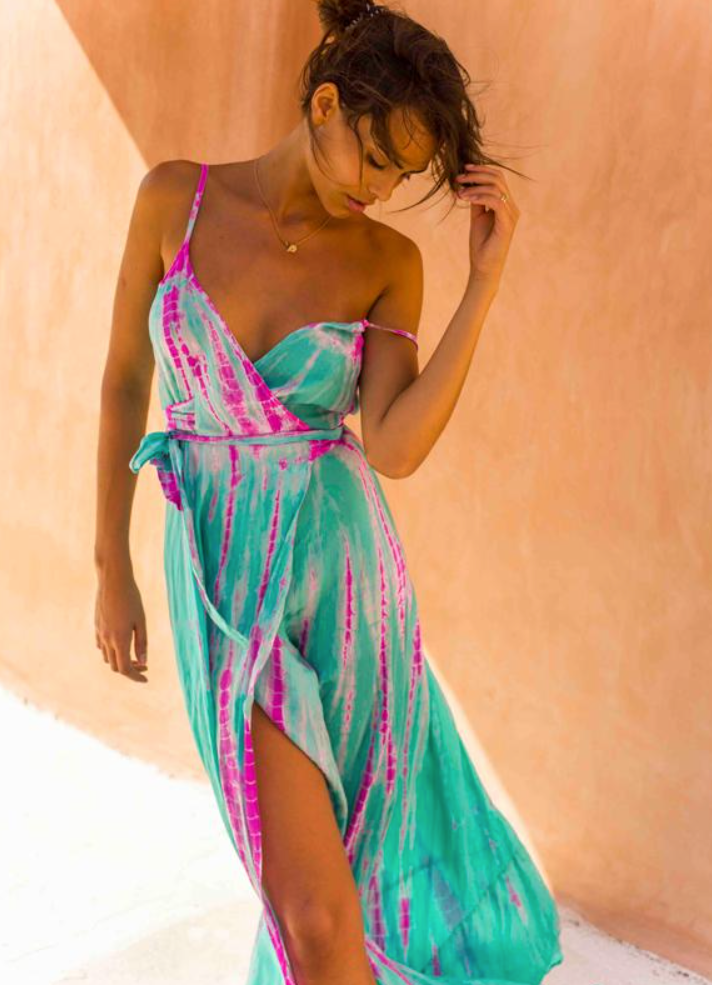 AKSWD3 Silk Wrap Slip Maxi Dress Aqua Flamingo
