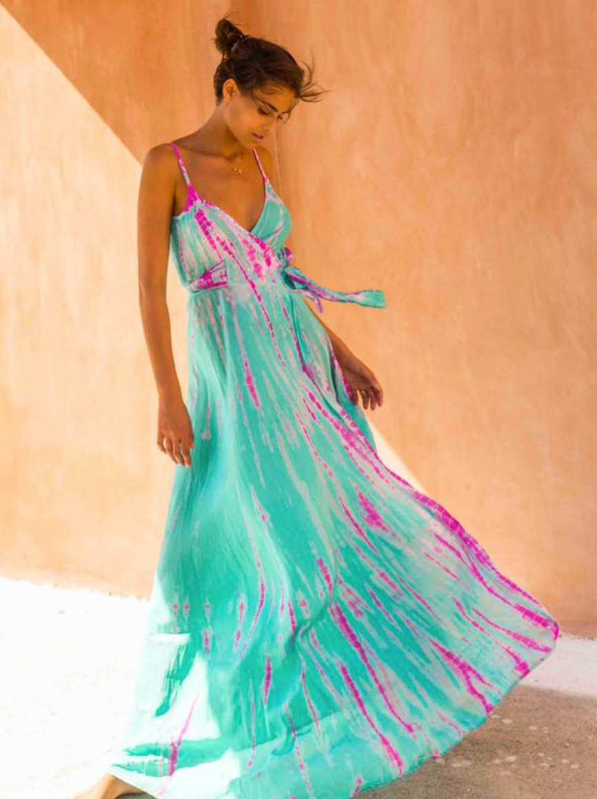 AKSWD3 Silk Wrap Slip Maxi Dress Aqua Flamingo