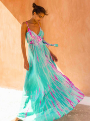 AKSWD3 Silk Wrap Slip Maxi Dress Aqua Flamingo