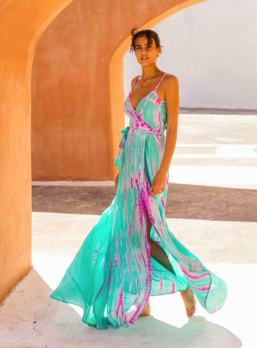 AKSWD3 Silk Wrap Slip Maxi Dress Aqua Flamingo