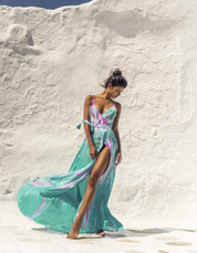 AKSWD3 Silk Wrap Slip Maxi Dress Aqua Flamingo