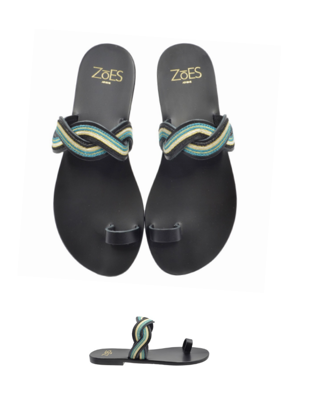 Vivlos Black Vachetta Turquoise Band Sandals