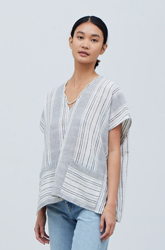 Stripe V-Neck Boxy Off White Blouse