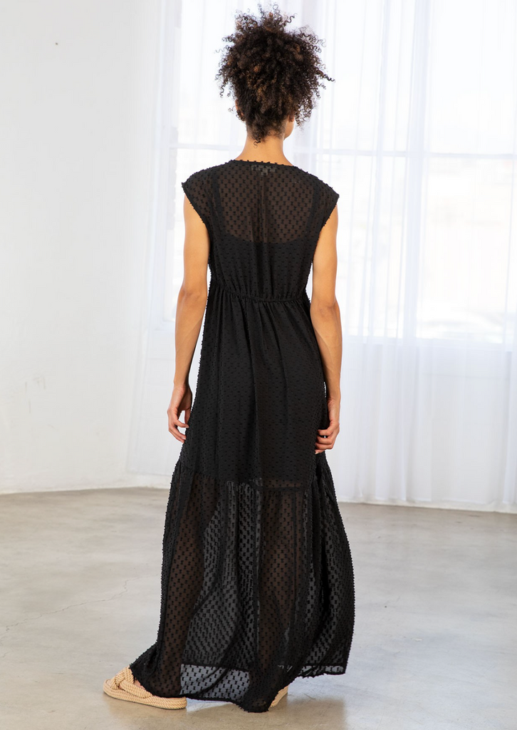 Sheer Swiss Dot Chiffon Sleeveless Black Maxi Dress