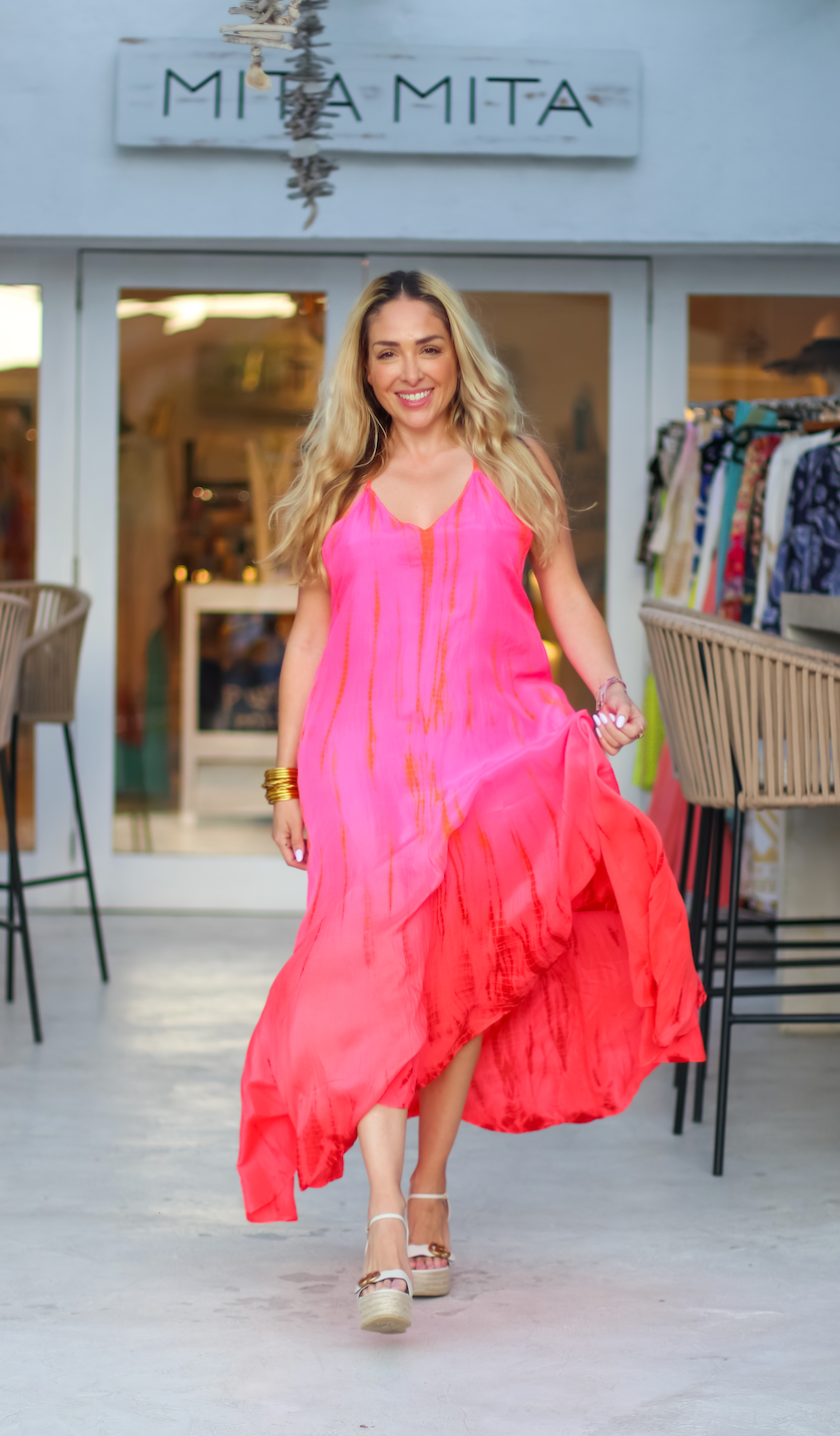AKSWD40 Silk T-Strap Maxi Dress Neon Fire