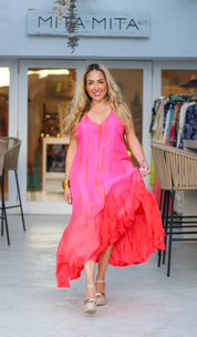 AKSWD40 Silk T-Strap Maxi Dress Neon Fire
