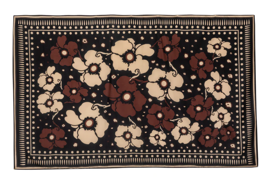 De La Falaise Cotton Silk Sarong  Black Maxi Ivory Flowers